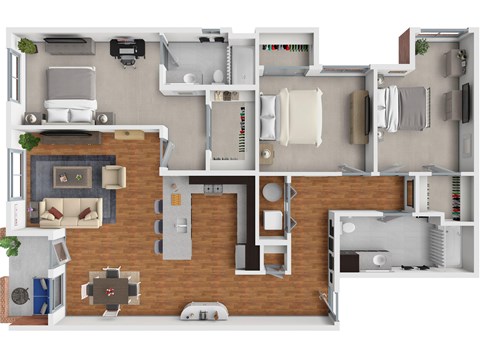A 3D floor plan of a house layout.